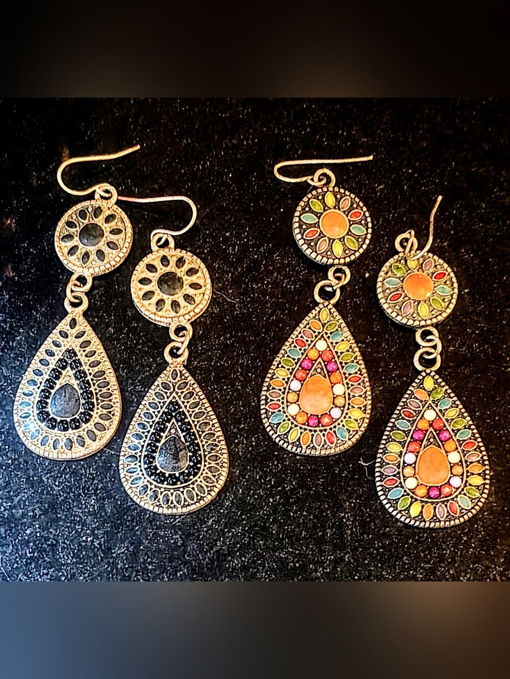 Boho Mosaic Teardrop Dangle Earrings Multi-Color & Antiqued Silver Pair Set